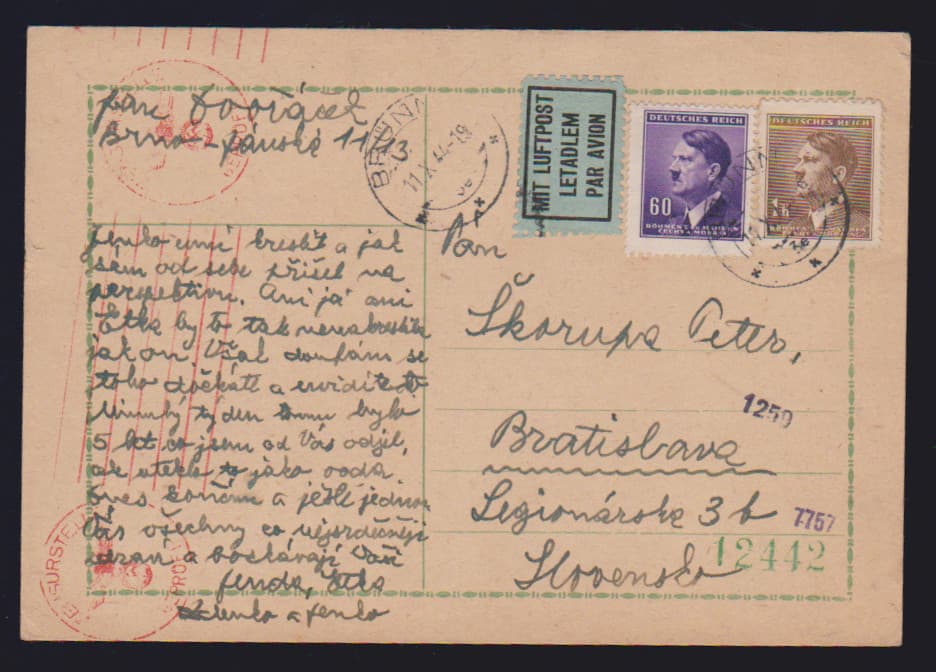 Los 3157 - 1 K. und 60 H. Hitler auf Lupo-Zensur-Postkarte von "Brünn" mit seltenem rotem Maschinenprüfstempel 1944 nach Bratislava