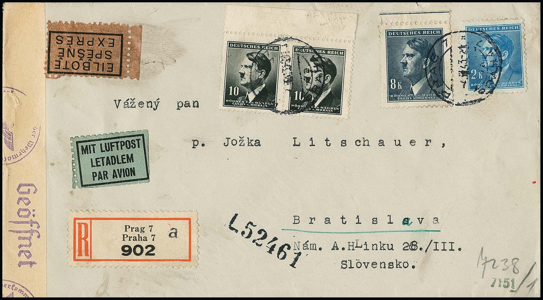 Los 3158 - 8 K. Hitler nebst 10 H. per zwei und 2 K. auf portoger. Reco-Lupo-Expreß-Zensurbrief von "Prag 7" 1943 nach Bratislava