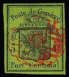Los 783 - Genf 5 C. schw./gelbgrün, für diese schwierige Marke ungewöhnlich allseits sehr breitrandiges Kabinettstück mit zentrischer roter Rosette. Feld 49 des 100er-Bogens, in dieser Schnittqualität selten! Attest Rellstab. Mi. 1700,-