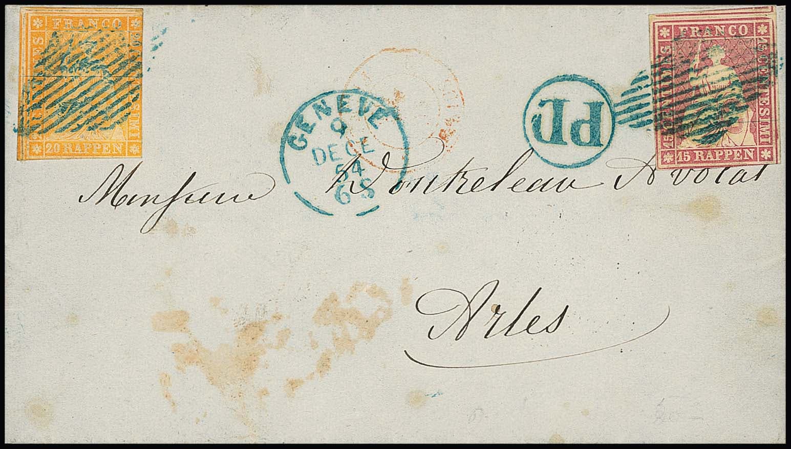 Los 5585 - 15 Rp. karmin, Münchener Druck, und 20 Rp. orange, typischer Schnitt, auf frühem Brief (Gebrauchsspuren) von Genf (blauer Stempel), 9.12.1854, nach Arles
