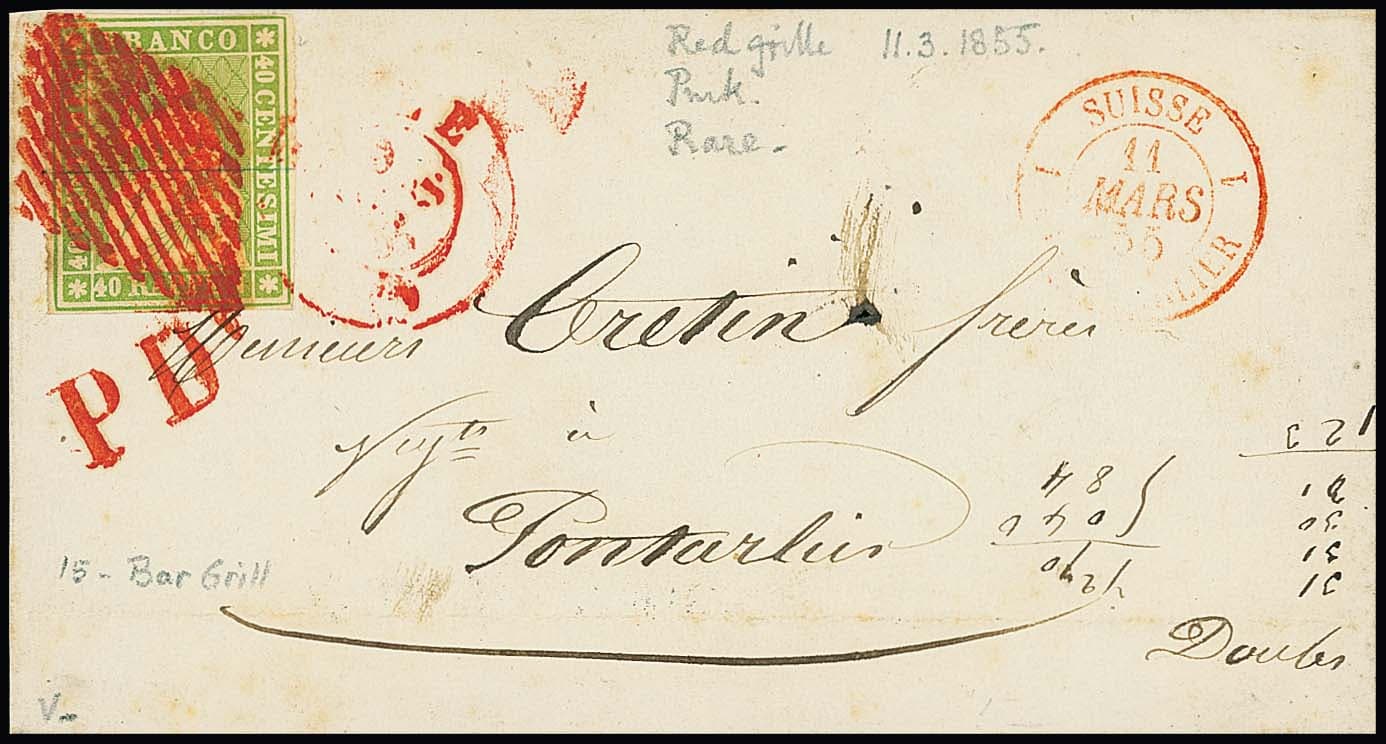 Los 5588 - 40 Rp. gelbgrün, Münchener Druck, auf Briefvs. 1855 mit sowohl roter Raute, als auch roten Neben-K2 und "P.D.", nach Pontalier, ex Gray