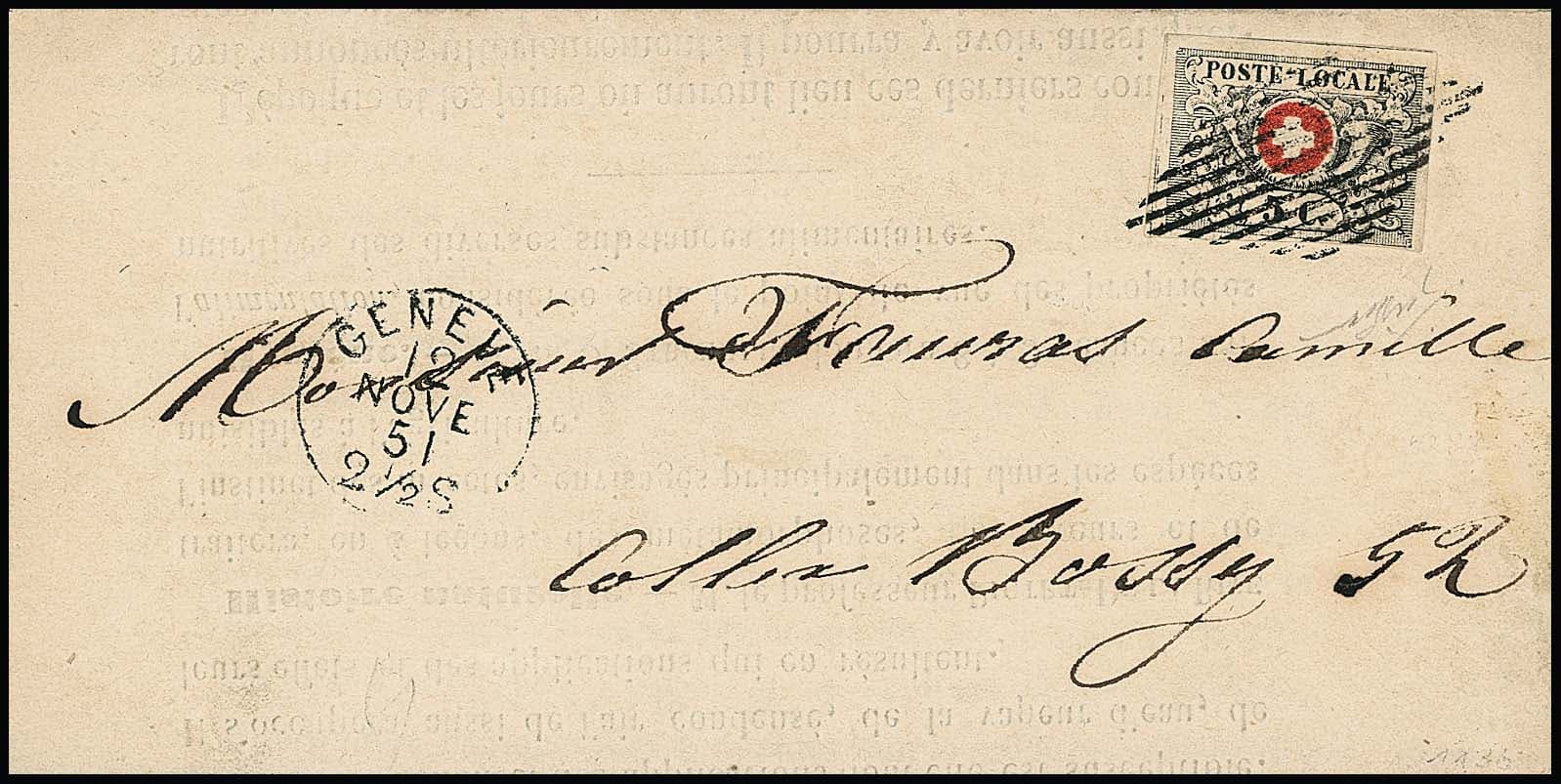 Los 784 - Waadt 5 C. schw./rot, unten voll-, sonst breitrandig, auf völlig ursprünglich erhaltener, vollständiger Kabinett-Drucksache von Genf (K1 vom 12.11.1851 und eidgen. Raute). Sign. Nussbaum und Attest Rellstab. Mi. 3000,-