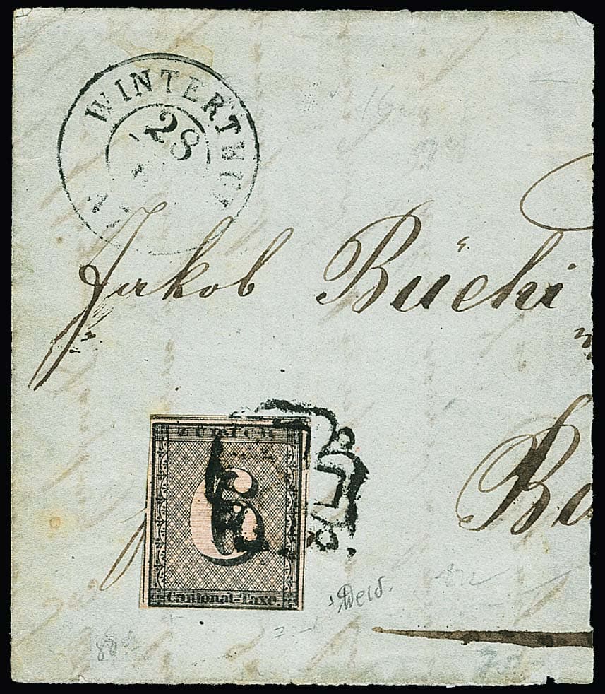 Los 781 - Zürich 6 Rp. schwarz, waagerechter roter Linien-Unterdruck, rechts unten etwas "Lupenrand", sonst breitrandig und tadellos, auf halbem Brief mit besserem Neben-K2 "Winterthur" und schwarzer Rosette, sign. Weid und Attest Marchand. Mi. lose gestempelt 1500,- ++