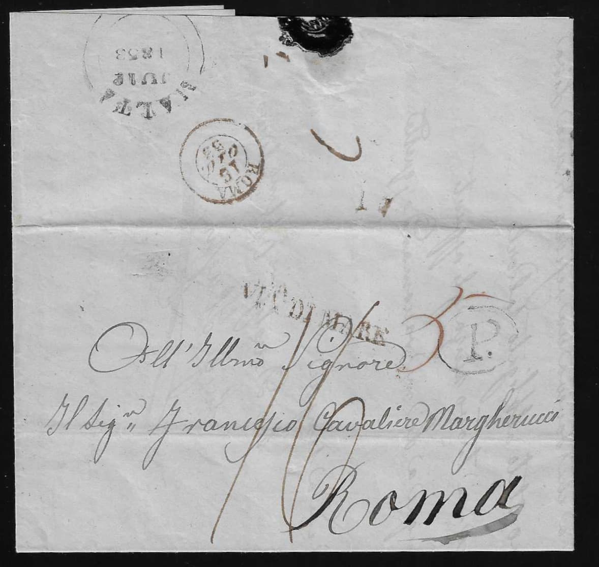 Los 5464 - 1853, Brief von Malta (rs. K2) nach Rom/Italien, roter L1 "Via di Mare"