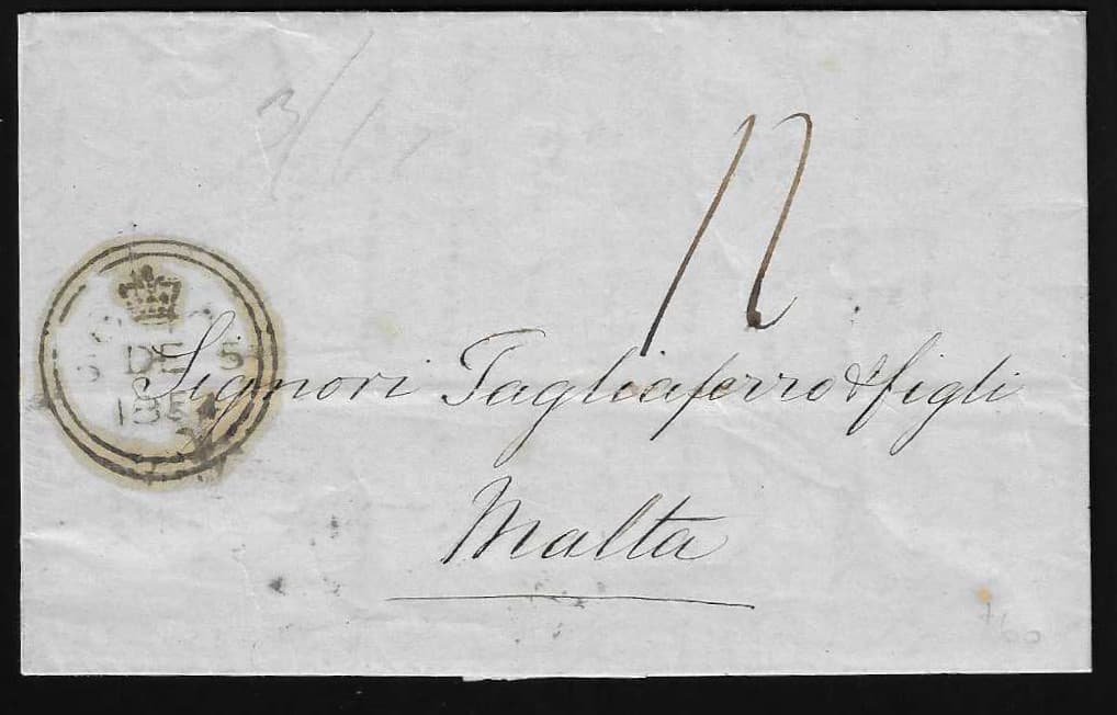 Los 5466 - 1854, Brief von London (Kronenstempel) nach Malta