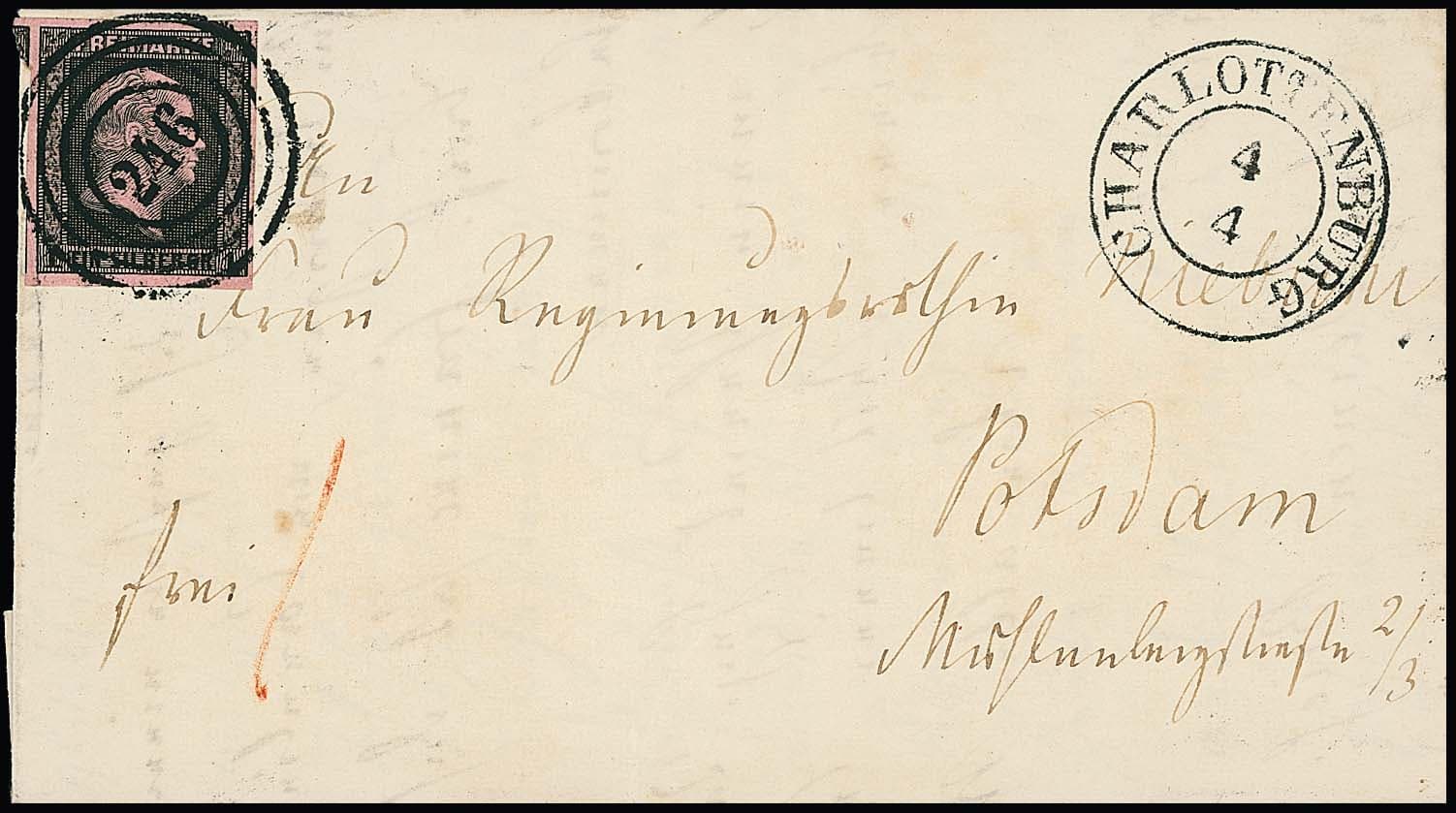 Los 555 - "246" nebst K2 "Charlottenburg" je sehr klar auf frischem kleinem Luxusbriefchen 1 Sgr. schw./lilarosa aus April 1851. Briefinhalt betr. den damaligen Bundestag und die Absendung von preuß. Abgeordneten. Seltene Abstempelung (aus gleicher Korrespondenz war ein Expreßbrief aus der Kuphal-Slg.)