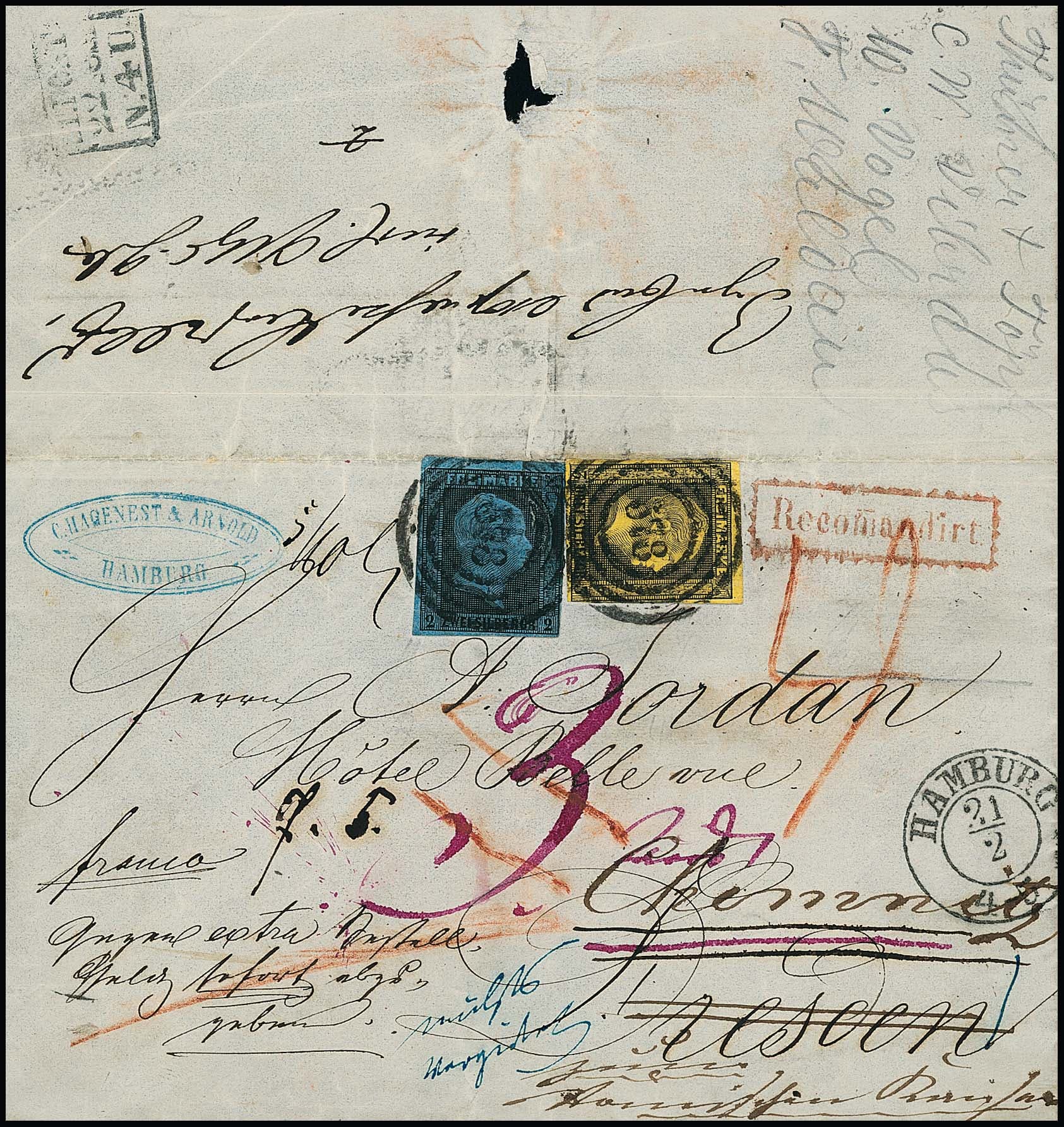 Los 391 - 2 Sgr. schw./blau (kl. Mgl.) und 3 Sgr. schw./dunkelorange auf großem Teil eines unterfrankierten Reco-Expreßbriefes mit NS "578" und K2 "Hamburg" nach Dresden und weitergesandt nach Chemnitz, hs. "gegen extra Bestellgeld sofort abzugeben" mit hs. Zusatz "Nichts vergütet" (da nur Porto nund Recogebühr frankiert), die Nachsendung erst mit "3" und dann mit 4 Ngr. berechnet und zusätzlich dem Empfänger "3 gr. bar expresse bezahlt" für die Expreßbestellung berechnet, so sehr ungewöhnlich! Attest Brettl