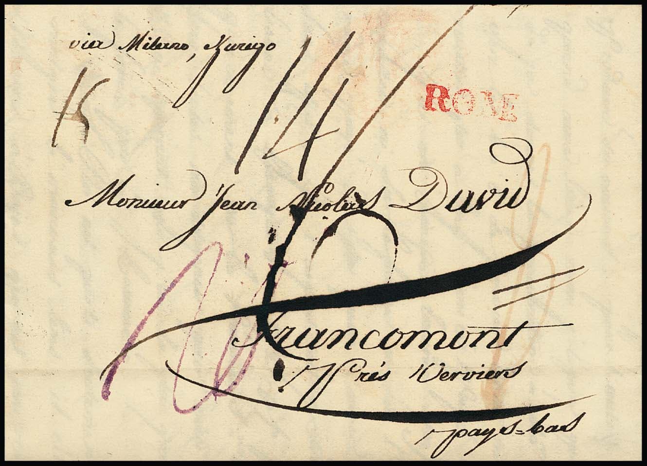 Los 15 - "Kirchenstaat-Belgien", 1820-23, drei Briefe je mit seltenem rotem L1 "Rom", hs. "via milano et Zurigo", nach Francomont bei Verviers
