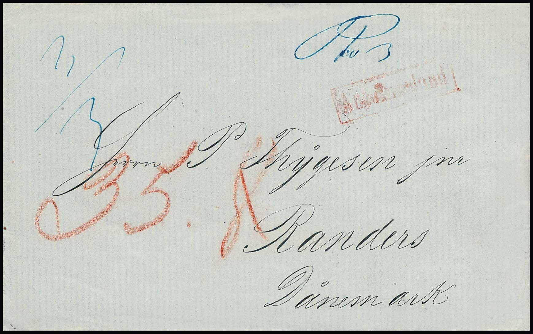 Los 3 - "Aus Russland", roter Ra1 auf frischem Brief 1858 aus Riga/Rußland (rs. Ra2) via Bahnpost Ostbahn nach Randers/Dänemark, Porto 35 Sk.