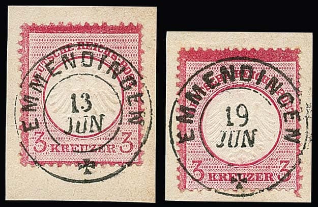 Los 51 - "Emmendingen", nachverw. K2 (in blau bzw. meist schwarz) auf 119 ausgesuchten Brustschild-Briefstücken 3 Kr. rosa (kl. und gr. Schild), meist nach Stempeldaten gesammelt, viele Luxusbriefstücke, schönes und in dieser Form ungewöhnliches Los!