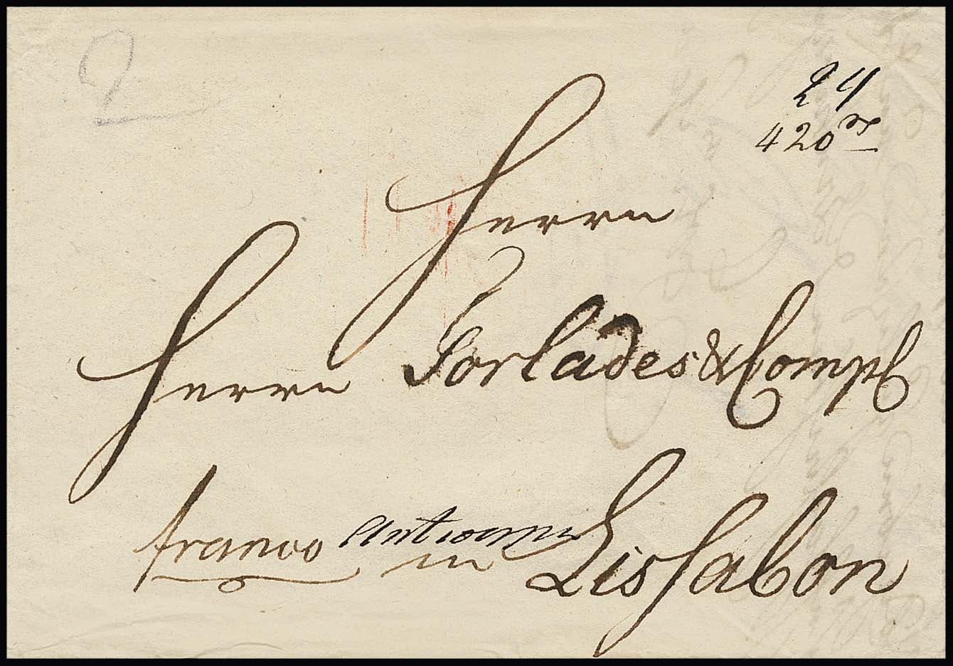 Los 20 - "Preußen-Portugal", 1799, früher Brief aus Stralsund mit ungewöhnlichem Laufweg "franco antwerpen" nach Lissabon, hs. Taxe "420" Reales