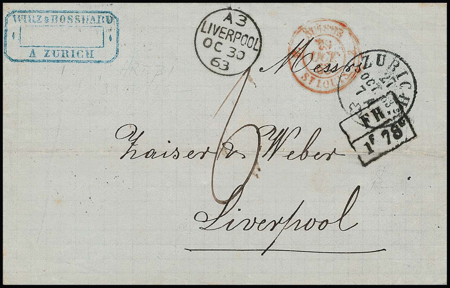 Los 8 - "FR. 1F. 78C.", 1863, Verrechnungs-Ra2 auf sauberem Brief aus Zürich (K1) via Frankreich nach Liverpool