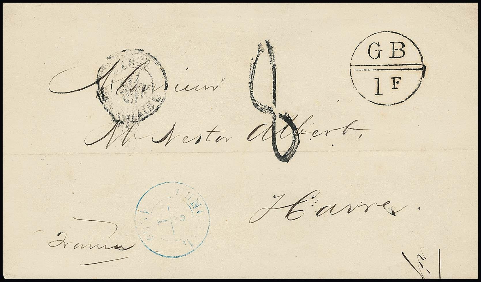 Los 11 - "GB 1F.", 1865, K1 auf seltenem Brief mit blauem K2 "Funchal" nach Le Havre, Verrechnungsstempel für Post von den Azoren via London nach Frankreich