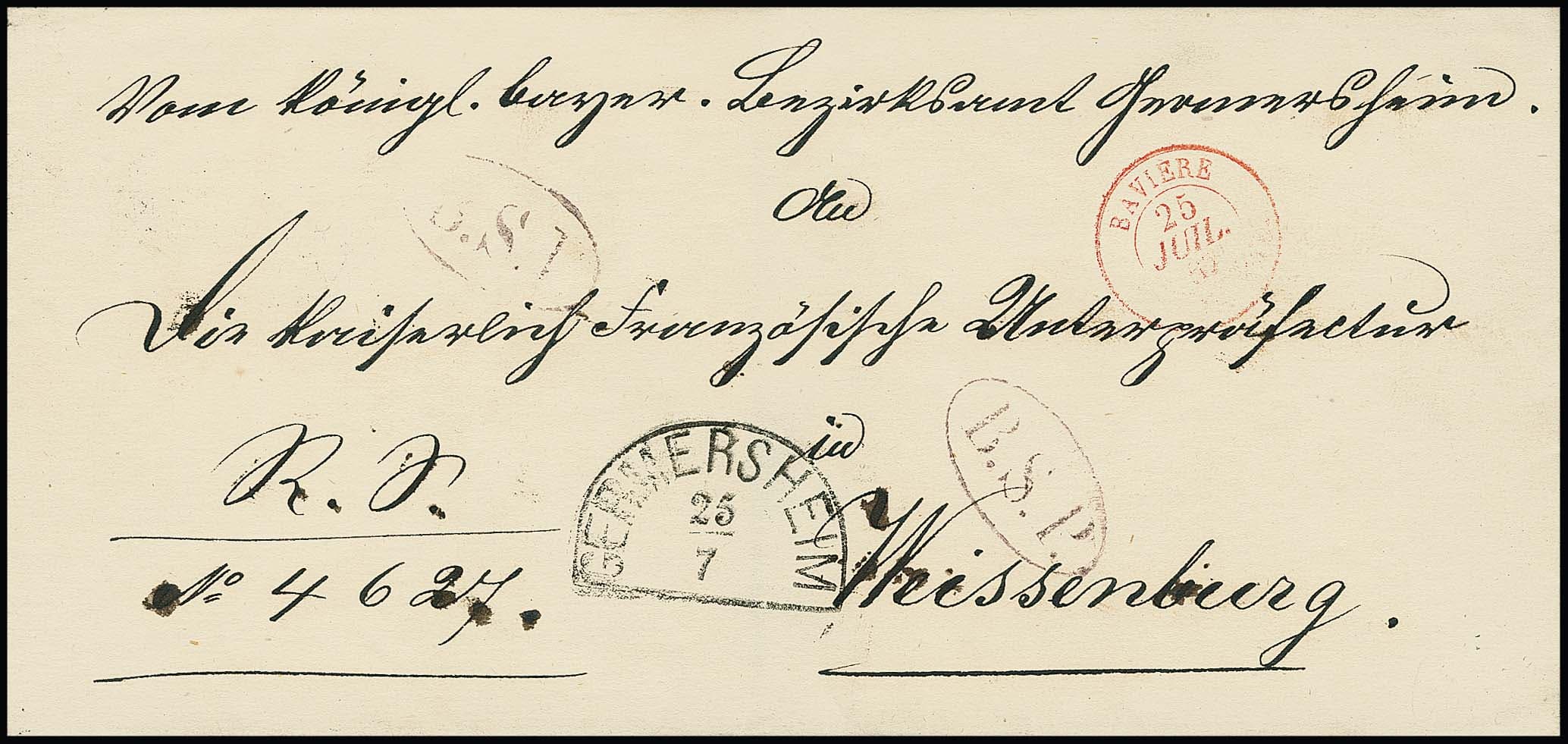 Los 4 - "B.S.P.", roter L1 bzw. rotvioletter Ovalstempel (2) für bayerische Auslands-Dienstpost auf drei Auslands-Dienstbriefen von Germersheim bzw. Bergzabern 1861-64 je nach Weißenburg/Frankreich
