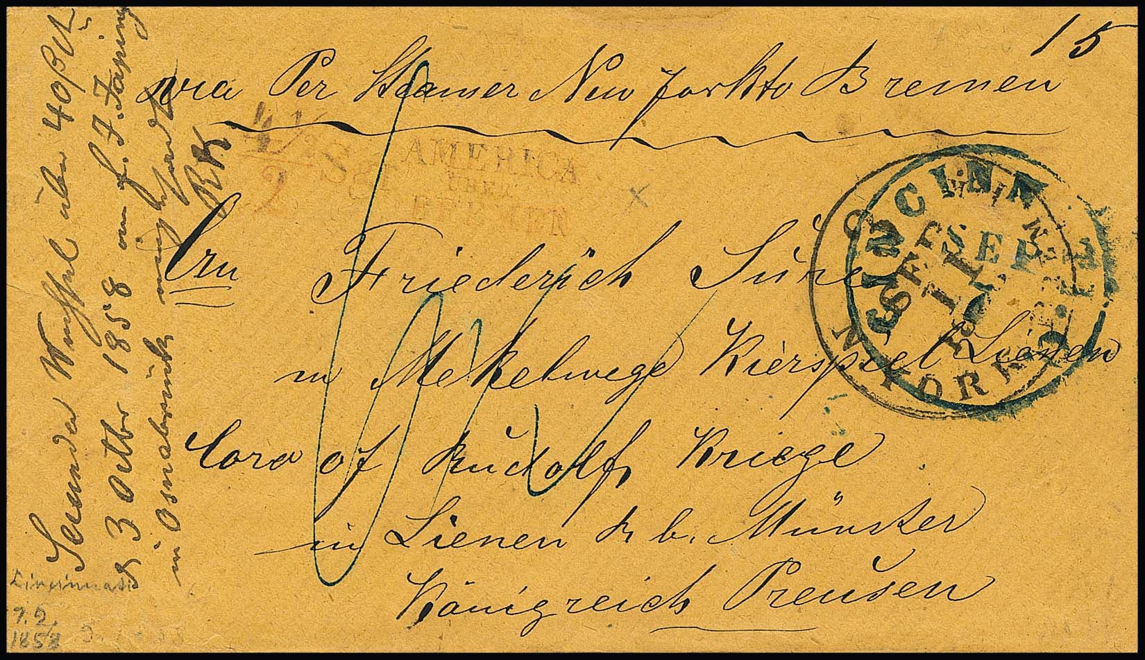 Los 1 - "4 1/2 / 2 Sgr. America über Bremen", seltener roter Transit-L3 klar auf beigem Couvert aus Cincinnati/USA via New York/Bremen 1858 nach Lienen