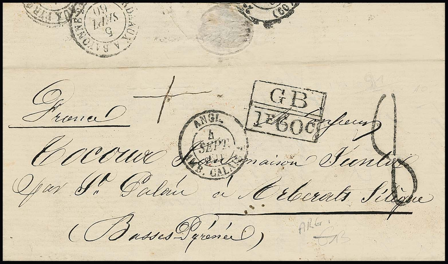 Los 2 - "Argentinien-England/Frankreich", 1860/67, zwei Briefe (einer etwas fleckig), je von Buenos Ayres, mit Ovalstpl. "FR 2.F.20 C." nach Wolverhampton, sowie Ra2 "GB 1 F. 60 C." nach Frankreich