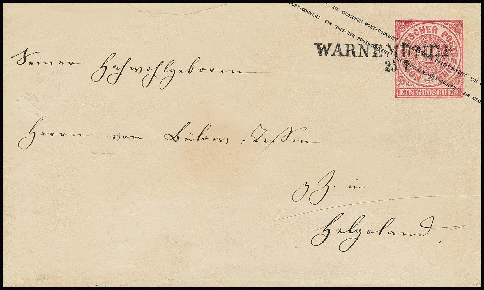 Los 1114 - Incoming-Mail, NDP-Ganzsache 1 Gr. (Couvert zweiseitig geöffnet und kl. Mgl.) mit nachverwendetem Mecklenburg-L2 "Warnemünde" unterfrankiert nach Helgoland, mit rückseitiger Nachtaxe "1 1/2/3"