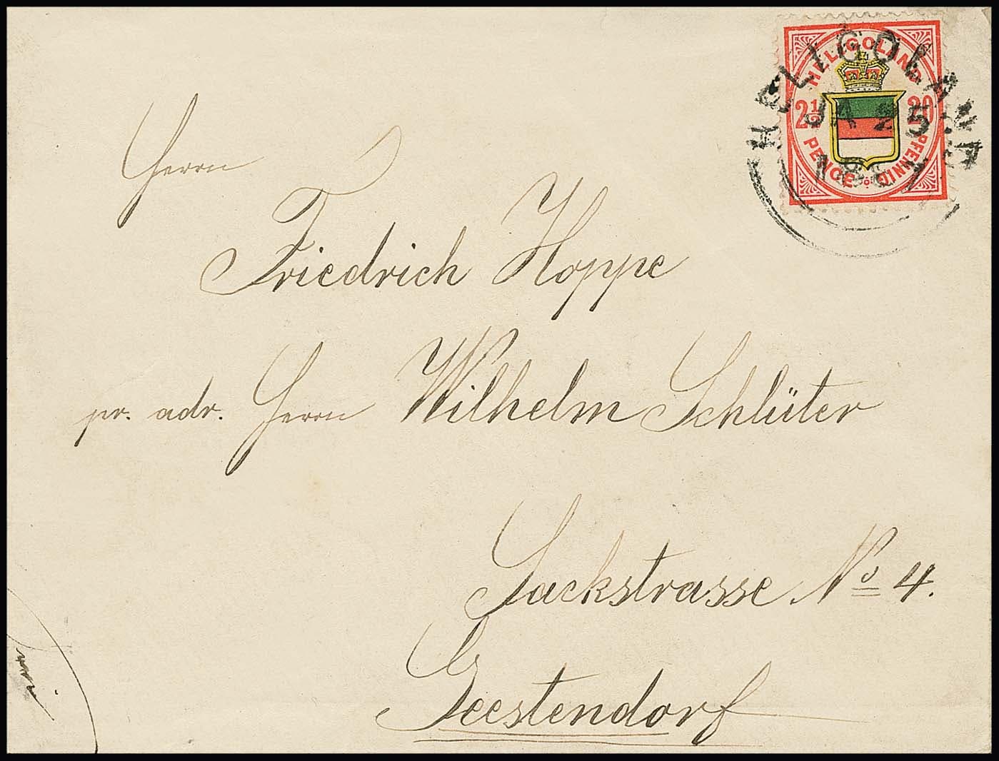 Los 1113 - 20 Pfg., sechste Auflage, einzeln auf sehr seltenem Ersttagsbrief von Helgoland, 25.1.1887, nach Geestendorf mit rs. Ankunftsstempel. Einzig bekannter Beleg dieser Auflage vom ersten Verwendungstag!