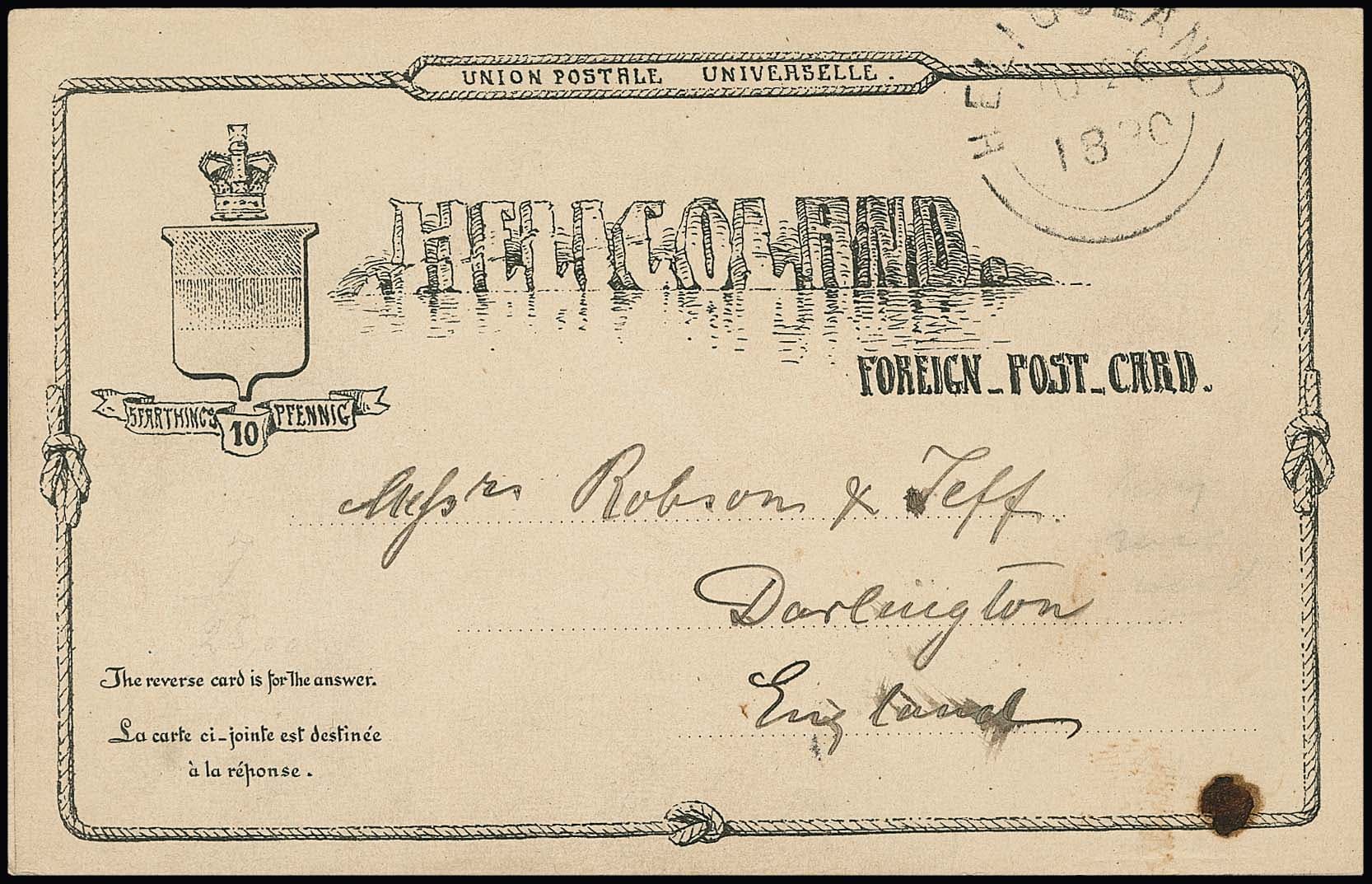 Los 1095 - Ganzsachen-Doppelkarte 10 Pfg. mit anhängendem Antwortteil von Helgoland 1890 nach England (!) gelaufen mit rs. Ankunftsstempel. Seltene Karte. Mi. 600,-