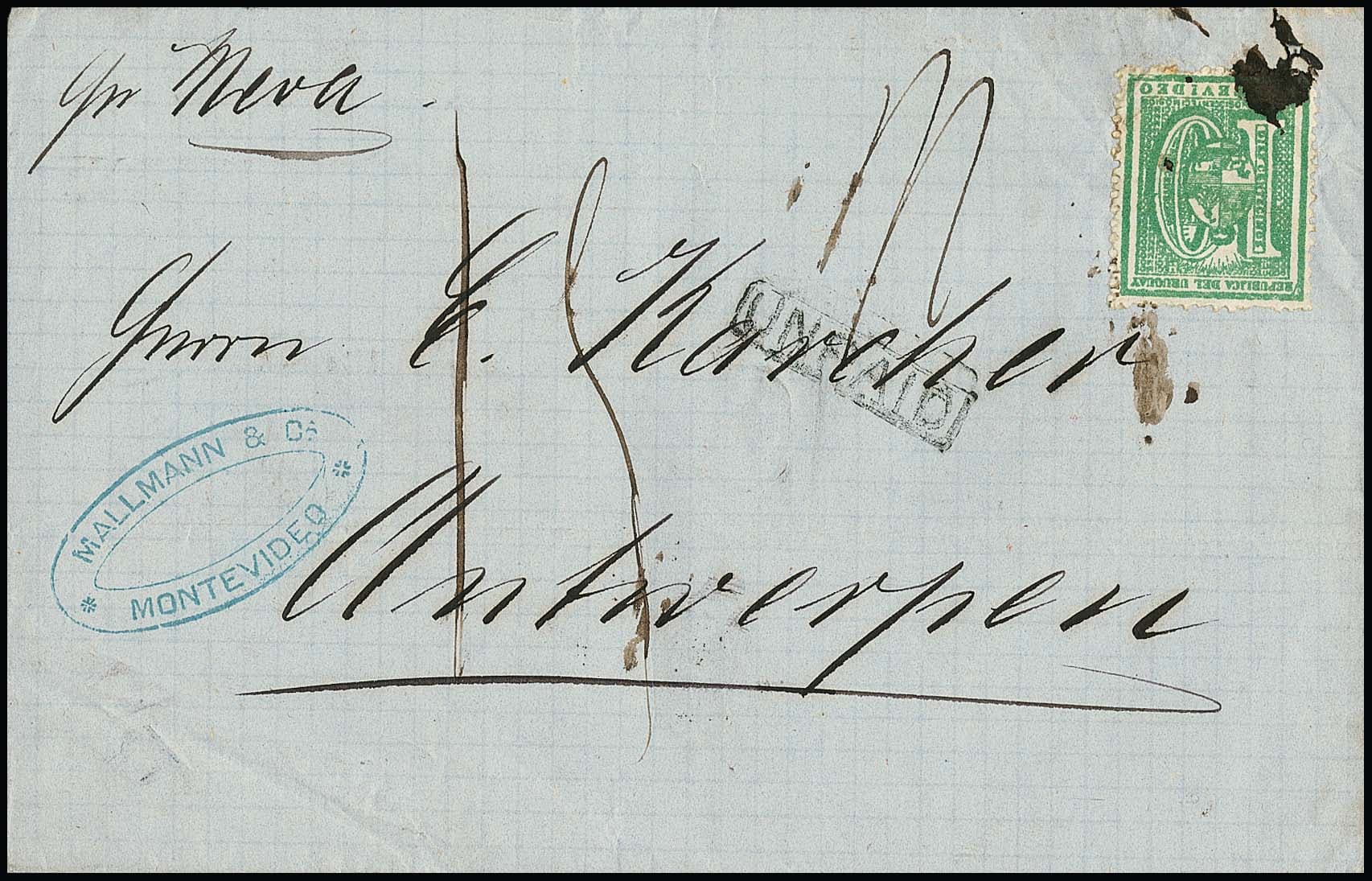 Los 4492 - Uruguay, 1870, 5 C. blau (rechts Randlinienschnitt) auf Faltbrief von Montevideo nach Buenos Ayres, sowie 10 C. grün auf Faltbrief von Montevideo nach Antwerpen/Belgien 1875, Marke nicht entwertet (Tinte), Ra1 "Unpaid" und mit Nachtaxe versehen