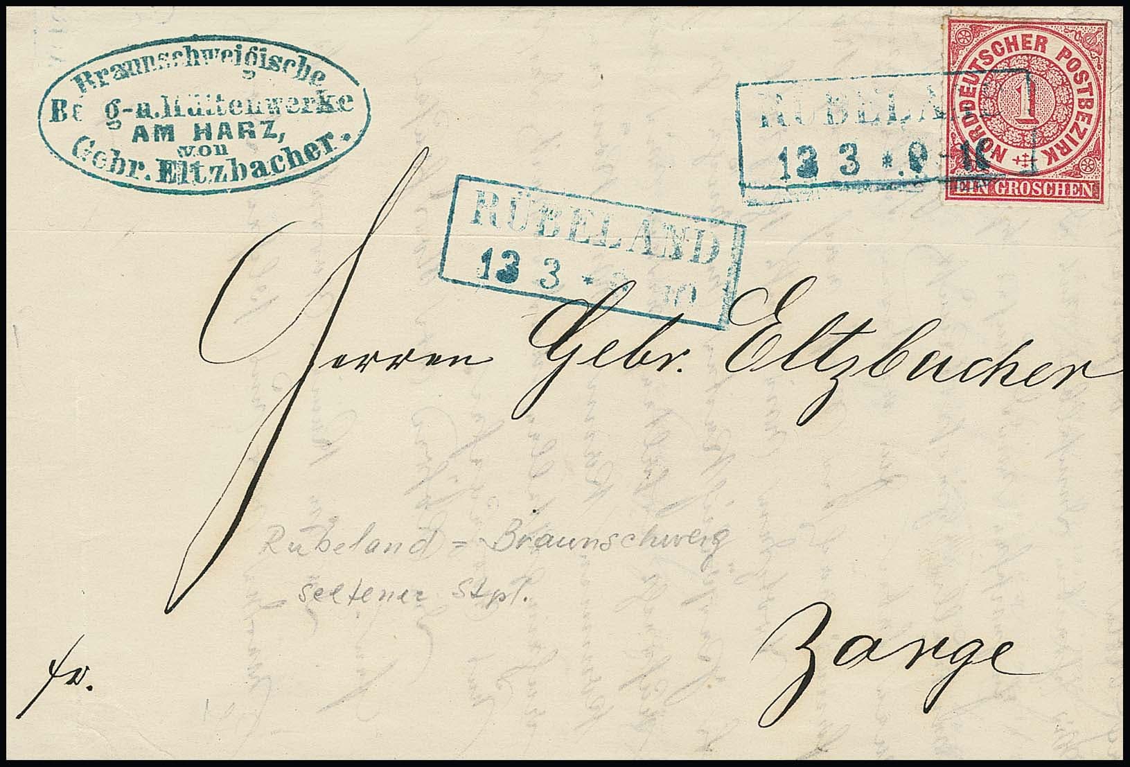 Los 819 - "Rübeland", sehr seltener nachverw. blauer Ra2 klar auf Faltbrief mit perfekter 1 Gr. NDP, sowie in schwarz auf Brief mit Paar 1/2 Gr. (diese kl. Mgl.)