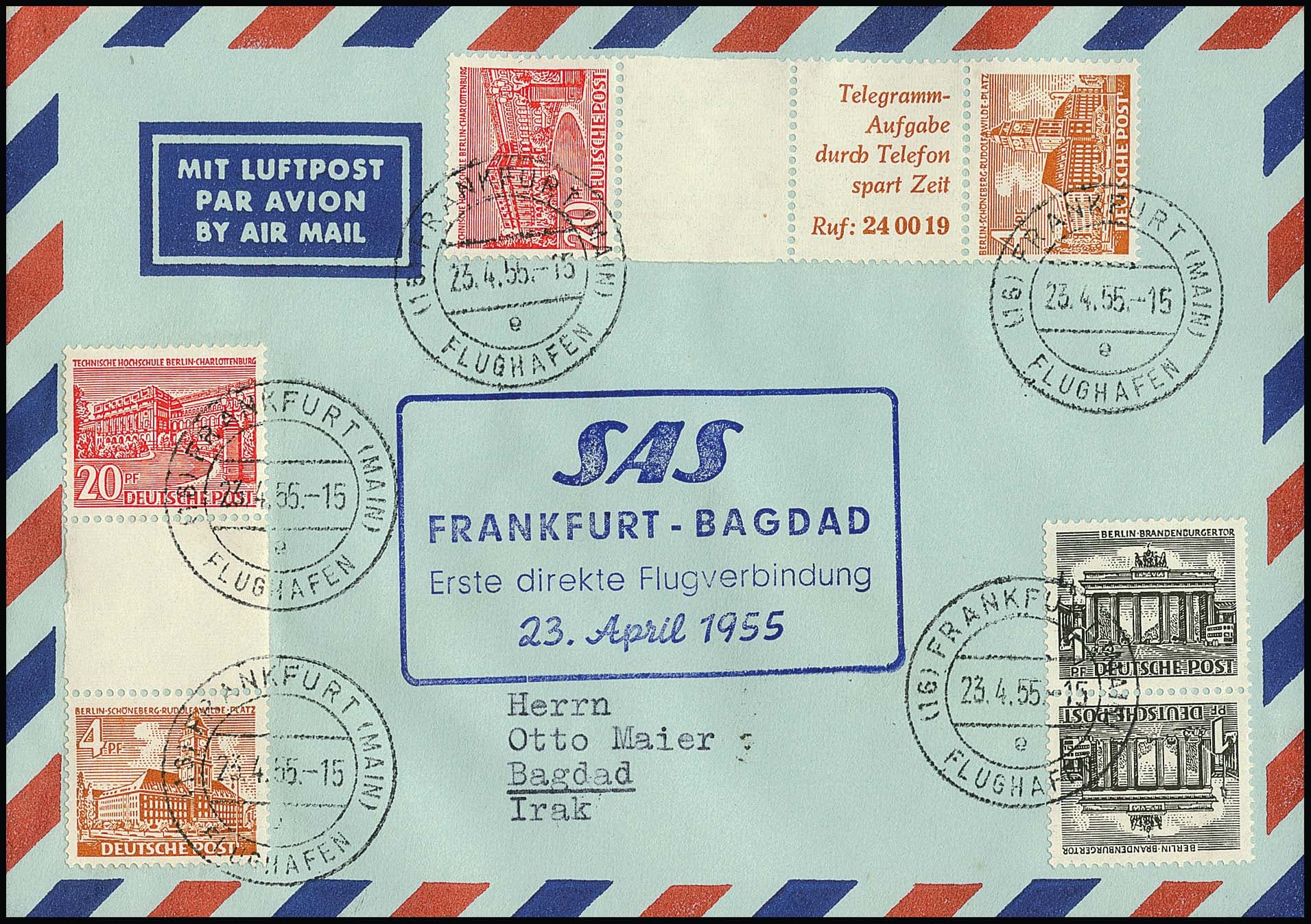 Los 3411 - 20 und 4 Pfg. Bauten, senkrechter Reklame-Zwischensteg-Zusammendruck, nebst normalem Zwischensteg-Zusammendruck und SK1, auf portoger. Lupo-Erstflug-Brief 1955 nach Bagdad (!) mit rs. Ankunftsstempel. Mi. 424,-