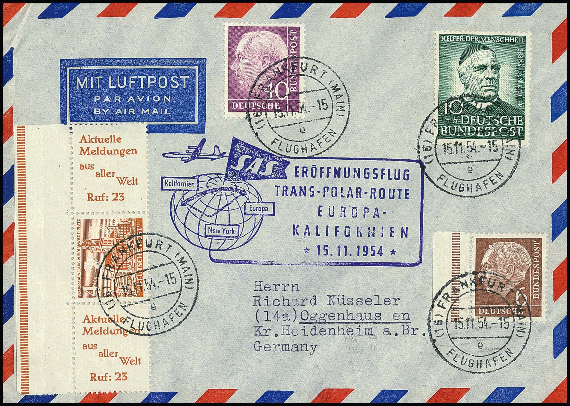 Los 3413 - 4 Pfg. Bauten, fünf portogerechte Lupo-Erstflugbriefe mit verschiedenen Bauten-Zusammendruck-Frankaturen je mit ZuF Bund: S8, W25, W26, W29 und seltene W30. Mi. 1050,-