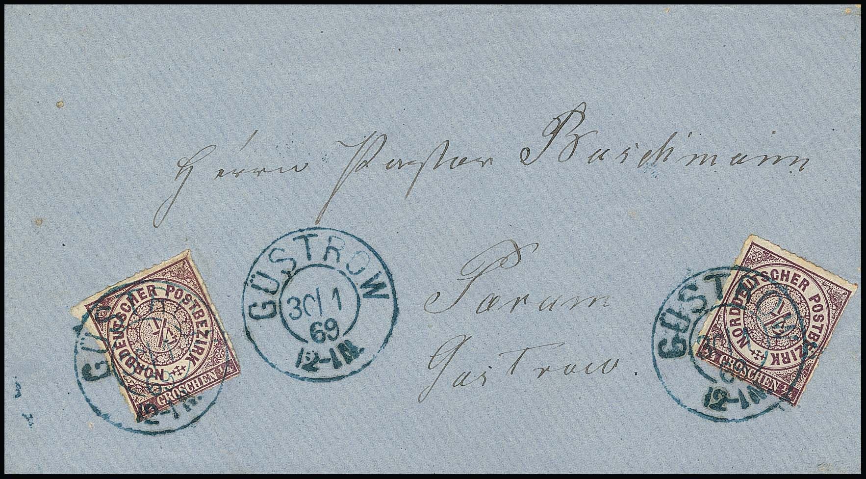 Los 1156 - "Güstrow", blauer K2 vom 30.1.69 klar auf Prachtcouvert (rs. kl. Öffnungsmängel) mit zweimal NDP 1/4 Gr. violett nach Parum im eigenen Landbezirk von Güstrow, ex Spalink