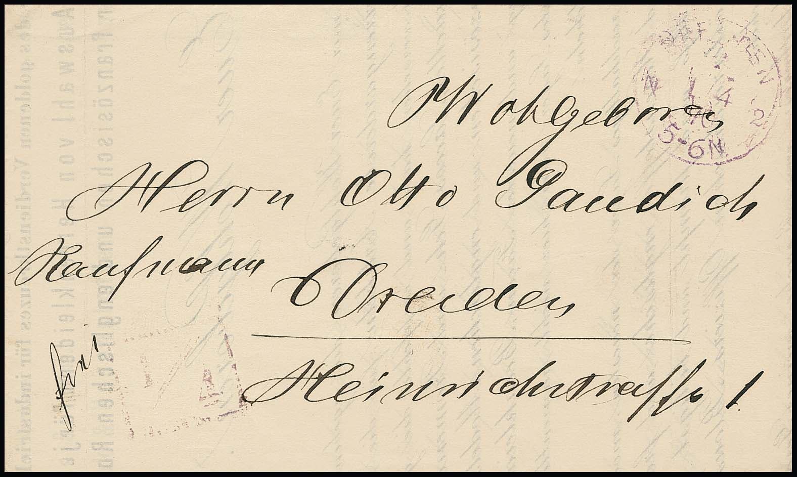 Los 1635 - "Dresden F.N.2", 1870, violetter K1 nebst gleichfalls violettem Taxstempel "1/4" auf Ortsbrief, zwar Drucksache, aber verschlossen mit rs. Etikette, deshalb als Partiebrief mit einer Mengenauflieferung ab 60 Stück immer noch billiger als Drucksache (1/4 statt 1/3 Gr.), in Verbindung mit dem Franko-Stempel selten!