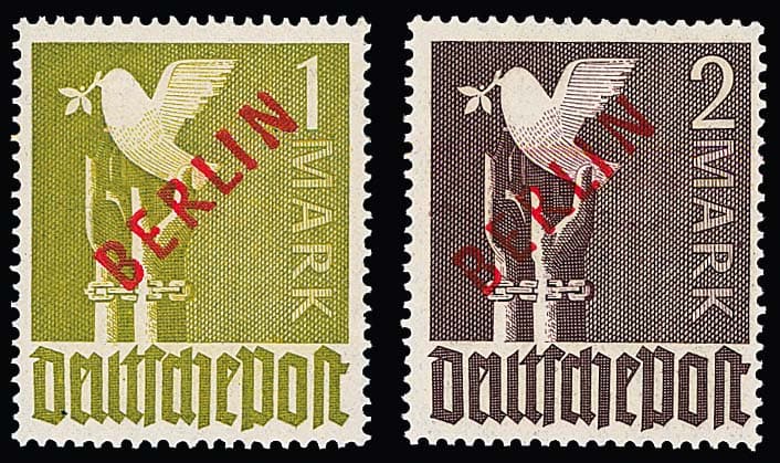 Los 3399 - Rotaufdruck komplett postfrisch, dabei 1 DM mit seltenem Aufdruckfehler von Feld 45, "N von BERLIN nach oben verdünnt", je sign. Schlegel. Mi. 2650,-