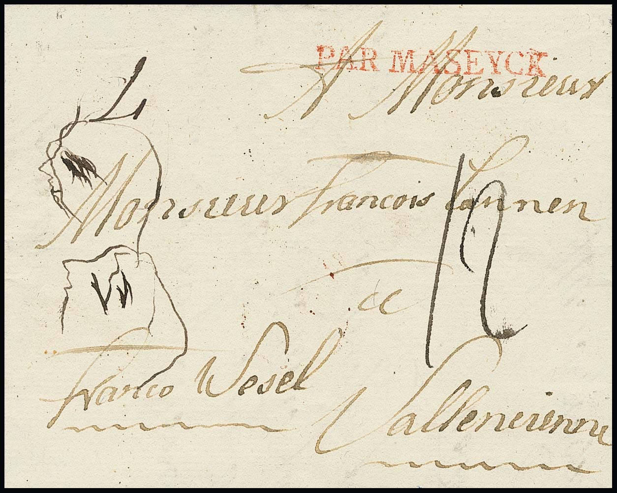 Los 948 - "Hannover", 1790, Luxusbrief mit seltenem rotem L1 "PAR MASEYCK", hs. "franco Wesel", nach Valenciennes, Frankreich