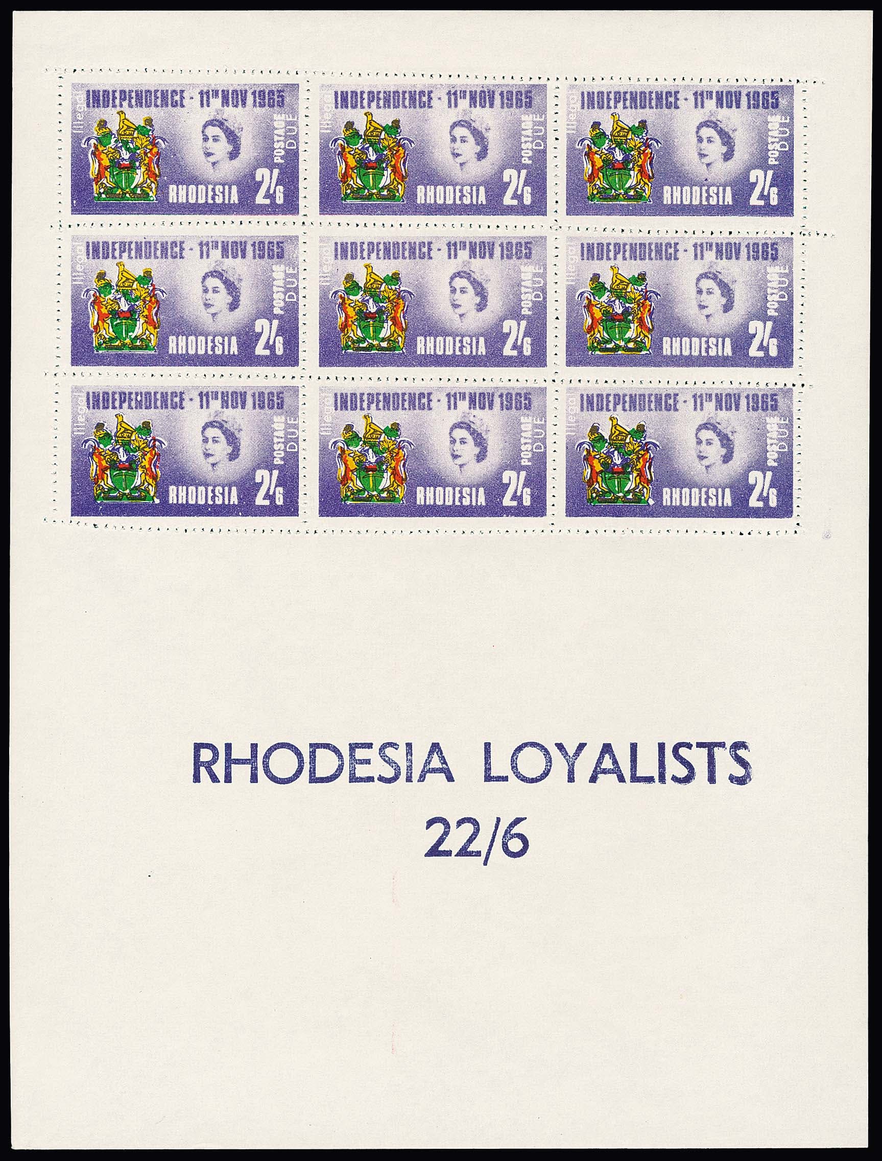 Los 4507 - Rhodesien, 1965, 2 Sh. 6 P. Wappen, sehr seltene Propagandafälschung im kompletten postfrischen Bogen zu neun Exemplaren mit zusätzlicher Inschrift "Illegal" vor "Independence" und "Due" neben Postage, auf Feld 3 leichte Bugspur, vollständige Bögen der ohnehin seltenen Propagandafälschung gehören zu den Raritäten dieses Gebietes! Attest Pieles