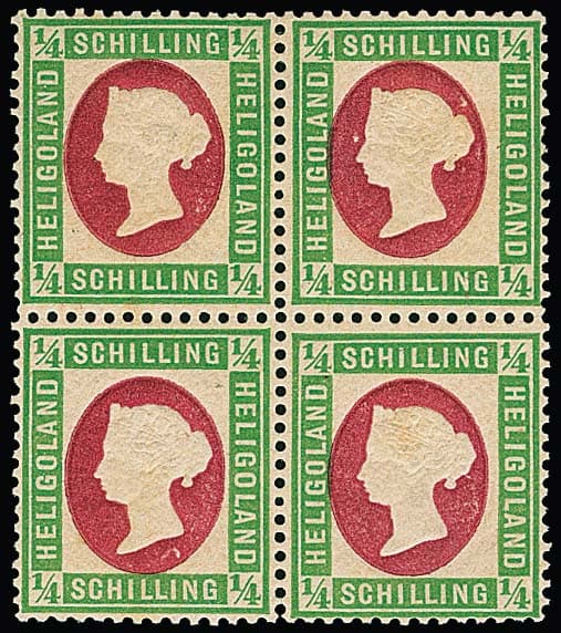 Los 1099 - 1/4 Sch. grün/karmin, der Fehldruck im ungebrauchten Viererblock, rechte untere Marke makellos postfrisch, die drei anderen Falz, davon das linke Paar gering getönte Stellen im Gummi! Seltene Einheit, Attest Müller