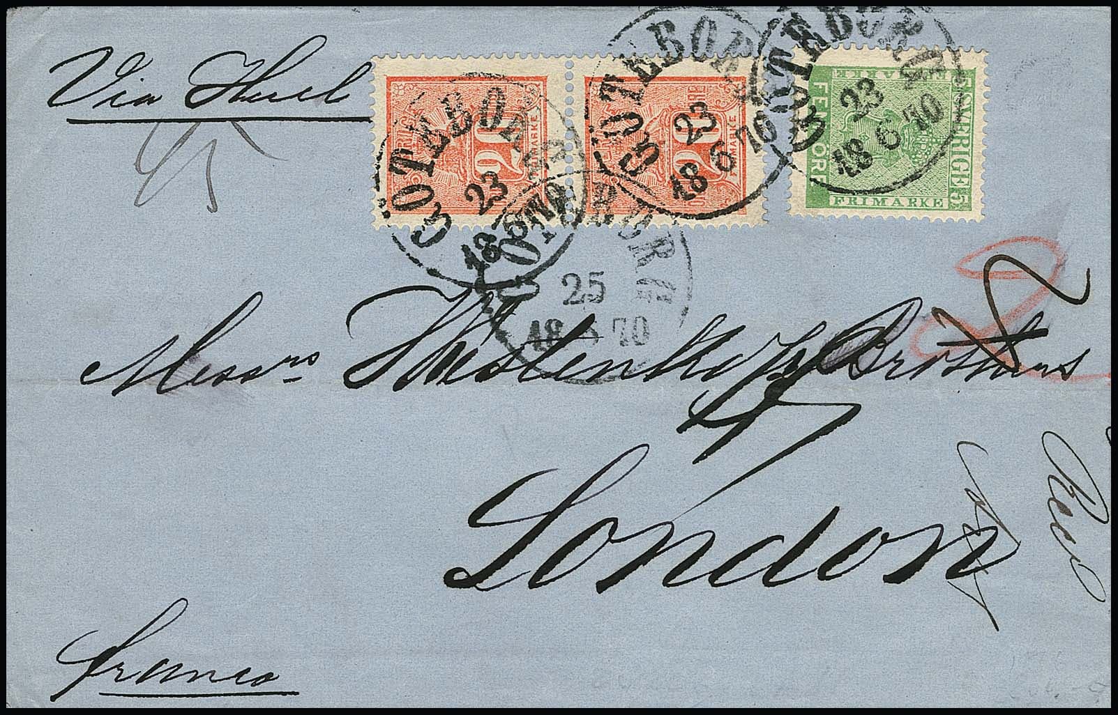 Los 4415 - 5 Ö. gelbgrün in Mischfrankatur mit senkrechtem Paar 20 Ö. ziegelrot, Kabinettstücke auf Faltbrief von Göteborg 1870 an bekannte Adresse "Westenholz" (typisch "Wüstenkopf") in London
