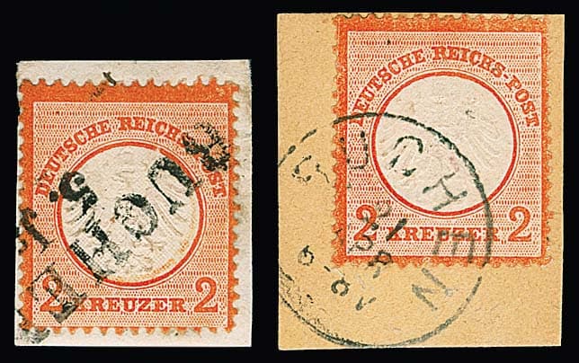 Los 45 - "Buchen", K1 in schwarz und blau (R!) auf zwei Briefstücken 2 (Fotoexp. Sommer) bzw. 3 Kr. kl. Brustschild, ersterer auch auf Brief 3 Kr., sowie der L2 auf Briefstück 2 Kr. kl. Schild (kl. Schürfpunkt), Fotoexp. Krug