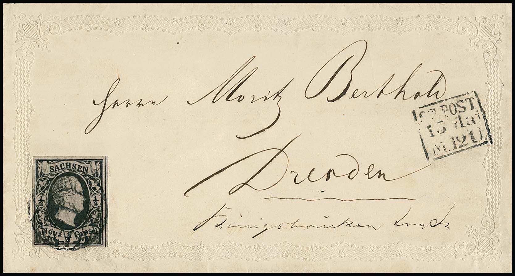 Los 1644 - 1/2 Ngr. schw./grau, Luxusstück (rechts volle Markierungslinie!) auf dekorativem Orts-Prägezierbrief von Dresden mit NS "1" und Ra2 "St. Post"