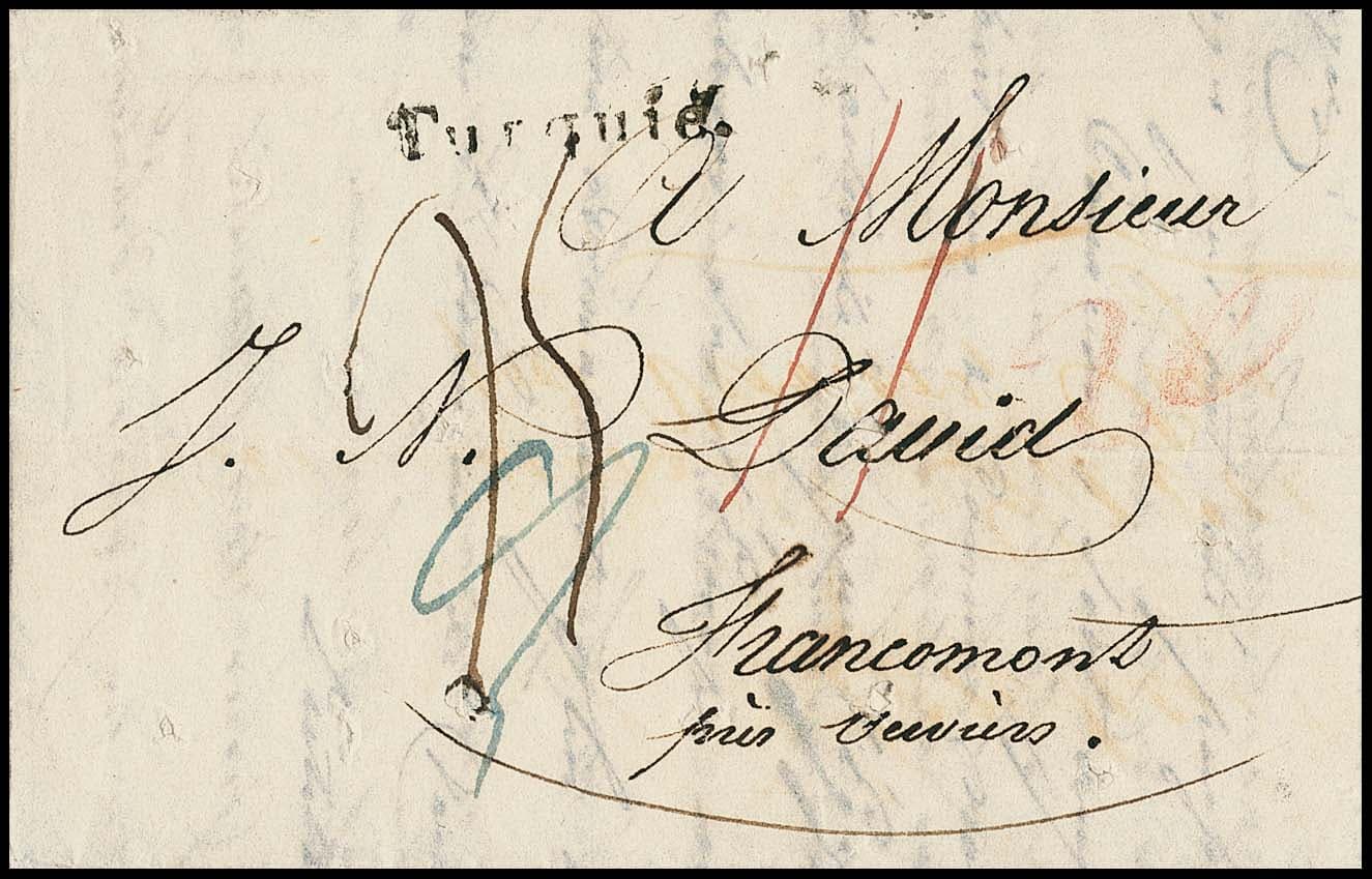 Los 25 - "Türkei-Belgien", 1827/28, je L1 "Turquie" auf zwei Briefen von Constantinopel nach Francomont, beide mit Cholera-Desinfektionsstempel rs.