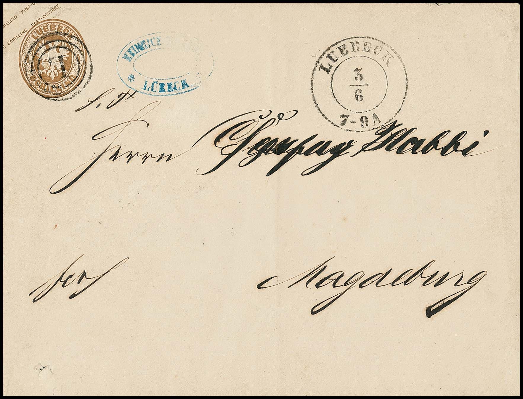 Los 1149 - Ganzsache 4 Sch. braun im seltenen Großformat mit Dreiringstempel "L" und K2 "Luebeck" nach Magdeburg gelaufen. Für ein Großformat unvermeidliche Bugspur und kleiner Aktenspieß (Adresse überschrieben), dennoch ein frisches und seltenes Couvert. Mi. 2000,-