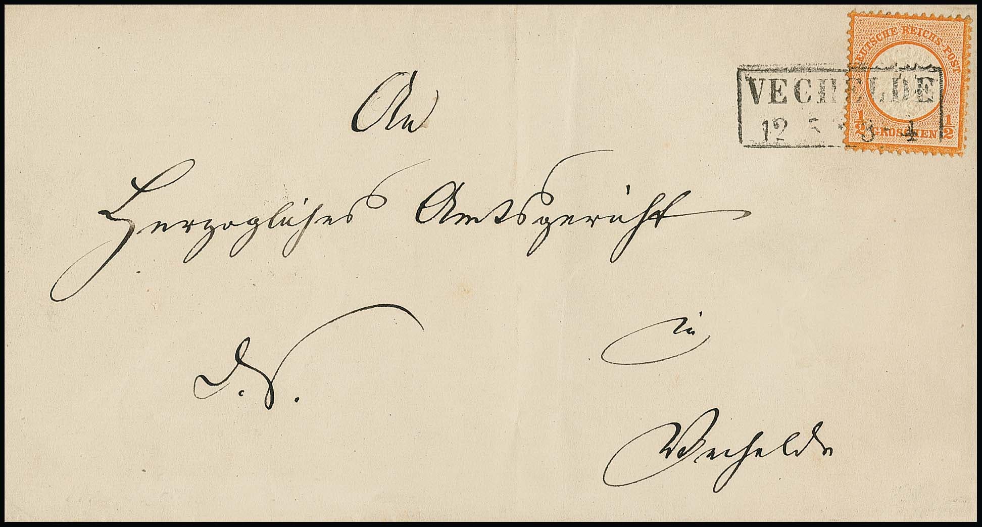 Los 824 - "Vechelde", guter nachverw. Ra2 auf drei Brustschild-Belegen, dabei Kabinett-Ortsbrief mit Einzelfrankatur 1/2 Gr. orange, sowie frisches Paar 1/2 Gr. (kl. Spalt)