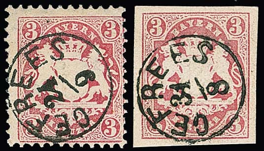 Los 344 - "Gefrees", zentrischer Fingerhut-K1 auf Kabinettstück 3 Kr. rosa, geschnitten, sign. Brettl, sowie auf 3 Kr. gez.