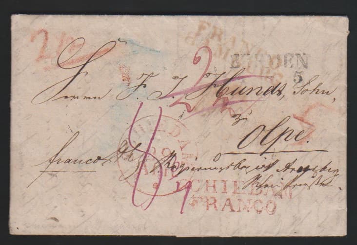 Los 9 - "Franco Hamburg", 1839, roter L2 nebst weiterem Transit-L2 "Bremen" auf Brief aus Schiedam/Holland (roter K1 und L2 "Schiedam Franco") via Hamburg/Bremen nach Olpe
