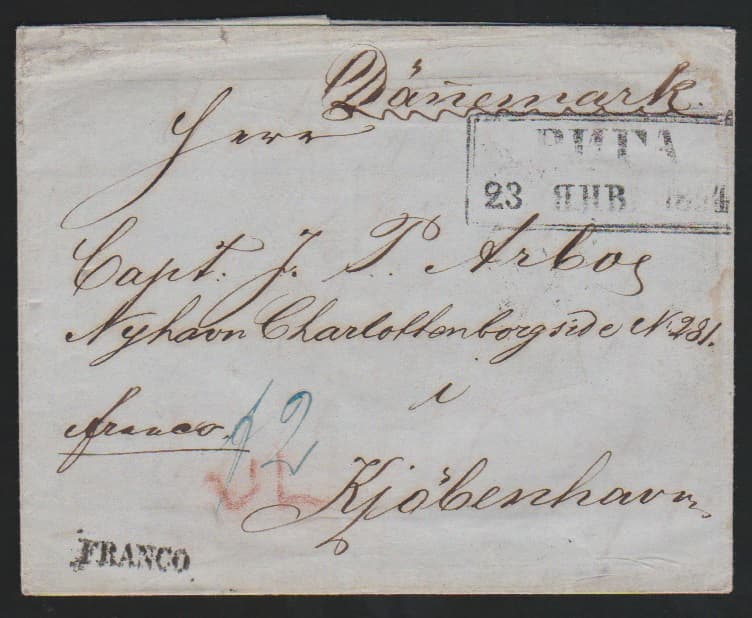 Los 21 - "Rußland-Dänemark", 1854, Brief aus Riga (vs. Ra2) via Hamburg an einen Schiffskapitän in Kopenhagen
