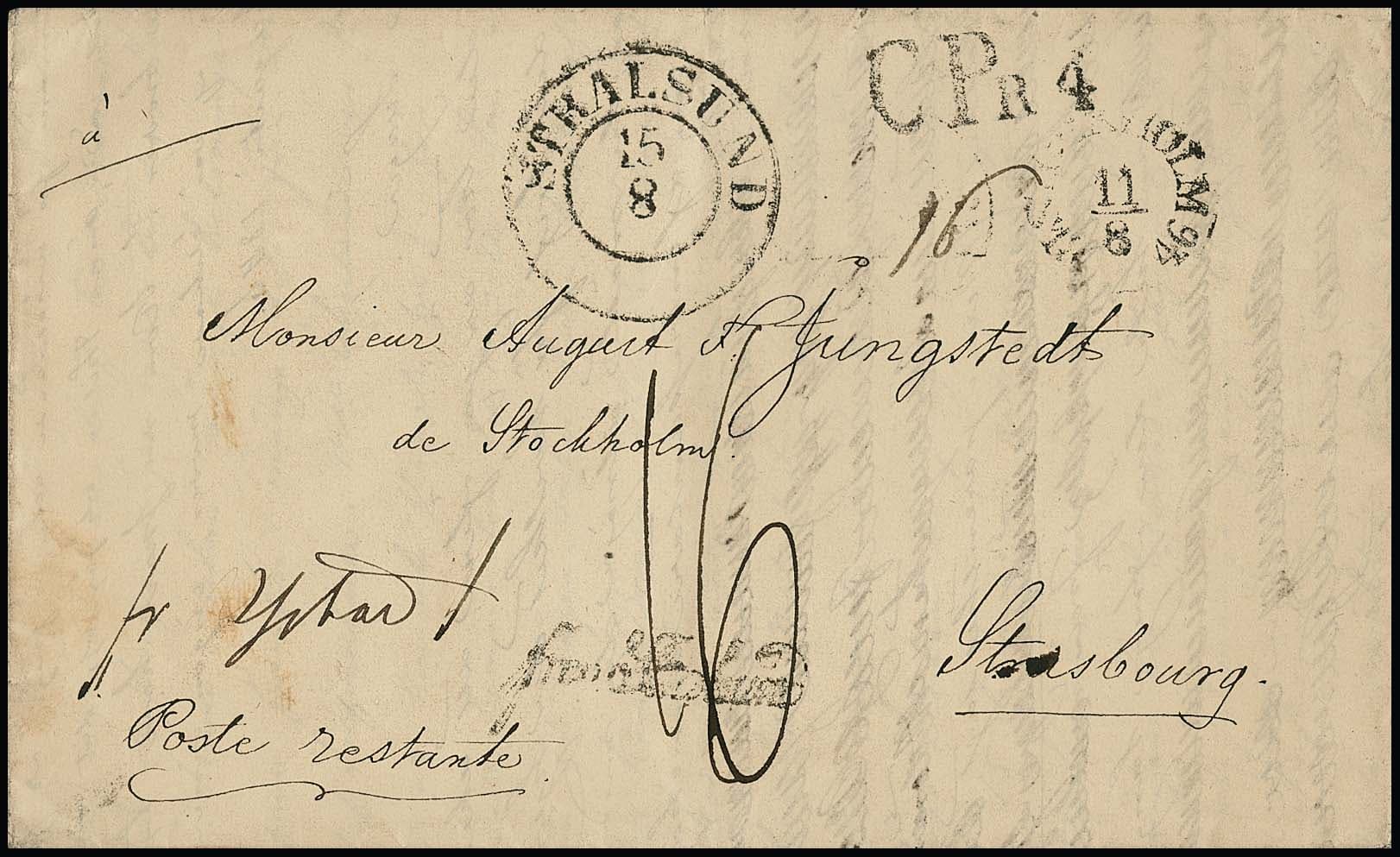 Los 23 - "Stralsund", 1846, sowohl K2 als auch Schreibschrift-L1 "frco. Stralsund" auf Brief mit Aufgabe-K1 "Stockholm" via Stralsund nach Straßburg/Frankreich