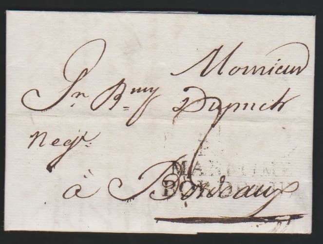 Los 12 - "Haiti-Frankreich", 1803, früher Brief von Jacmel nach Bordeaux mit vs. Maritime-L2 von Bordeaux