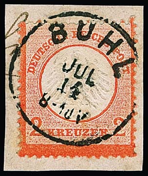 Los 47 - "Bühl", nachverw. K1 mit vertauschtem Tag und Monat zentrisch auf Briefstück 2 Kr. kl. Brustschild (oben zwei verkürzte Zähne), Fotoexp. Krug