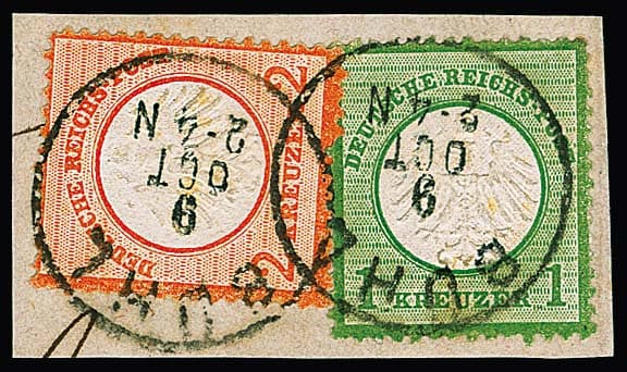 Los 46 - "Bühl", nachverw. K1 klar auf Brustschild-Briefstück 1 Kr. grün, normal gez., nebst Kabinettstück 2 Kr. orange, Fotoexp. Krug