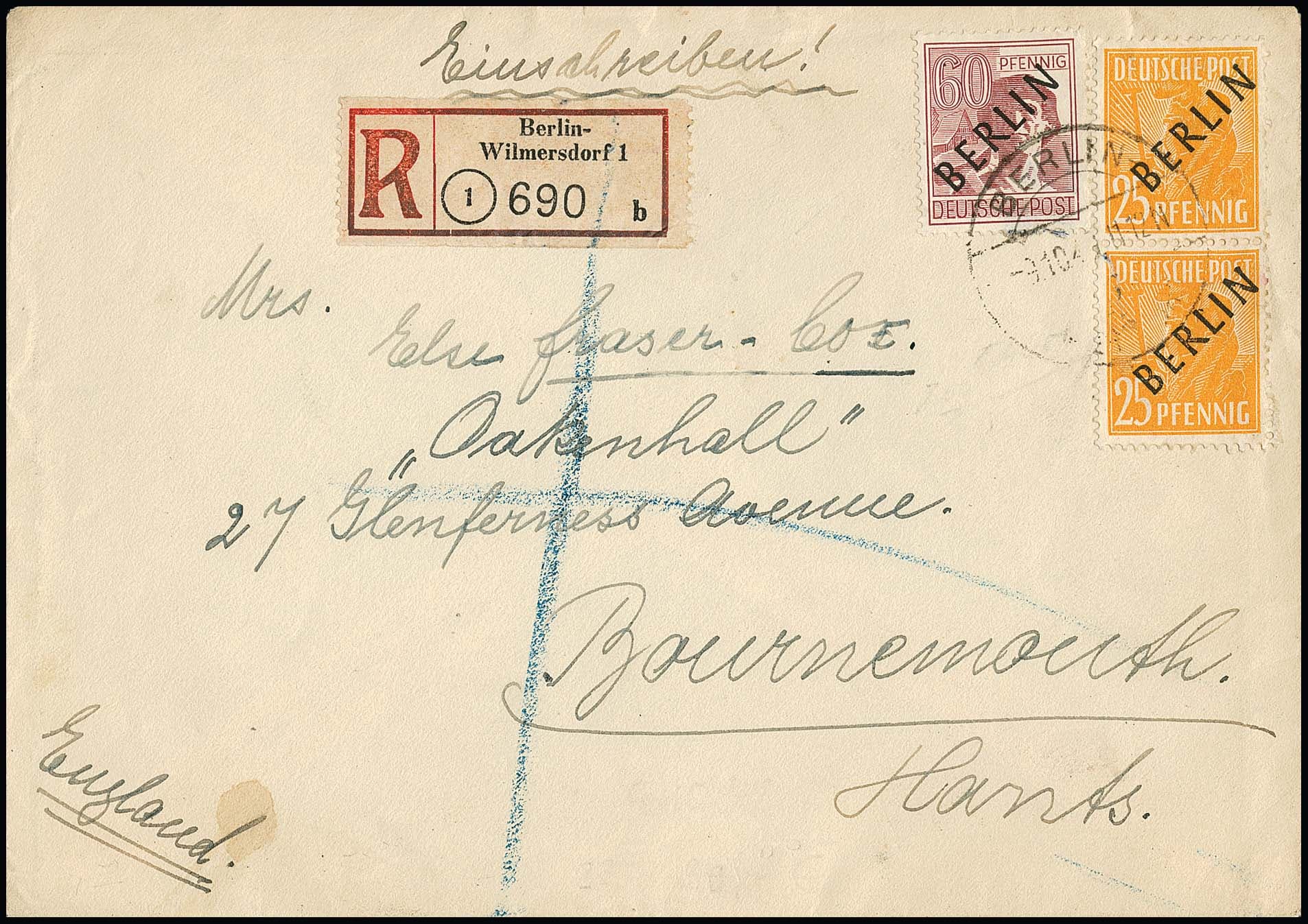 Los 3395 - 25 Pfg. Schwarzaufdruck im Paar (einmal Aufdruckfehler I) nebst 60 Pfg. auf Auslands-R-Brief ab Berlin-Wilmersdorf, 9.10.48, nach England, dazu Auslands-R-Brief in die Schweiz mit 50 u. 60 Pfg. SA