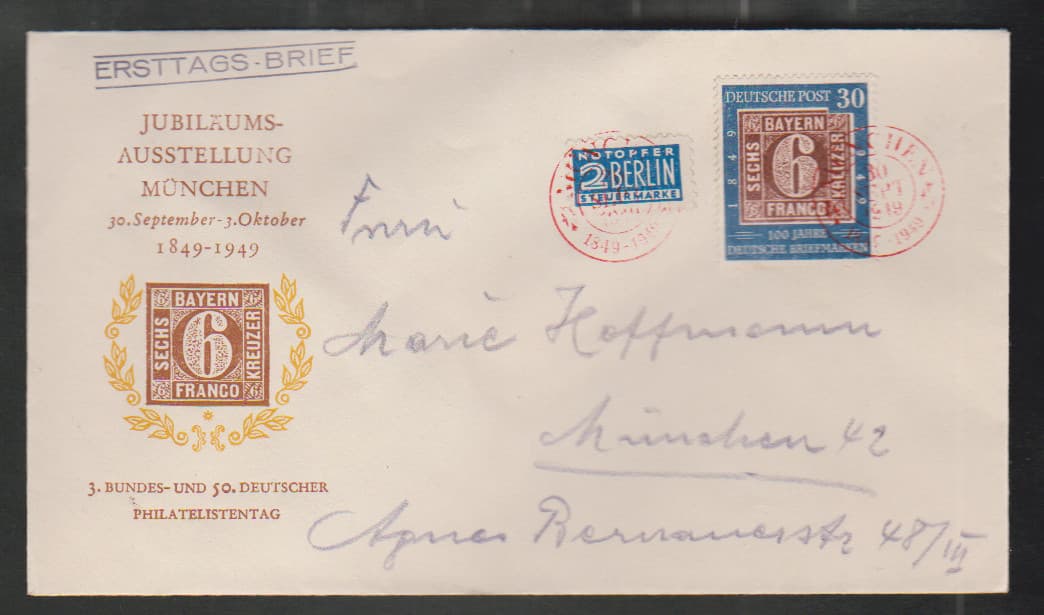Los 3799 - 100 Jahre Deutsche Briefmarken auf drei FDCs mit roten ESST. Mi. 200,-