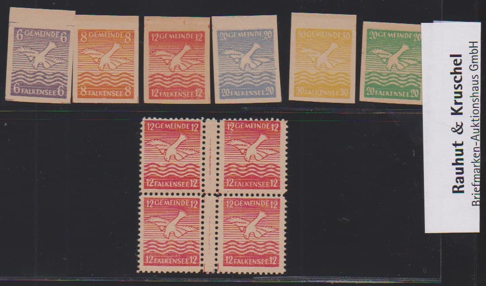 Los 3305 - Falkensee, 6 bis 30 Pfg. ungezähnt, zusätzlich dito 20 Pfg. in Fehlfarbe grün, sowie 12 Pfg. gez. im postfrischen Zwischensteg-Viererblock. Mi. 405,-