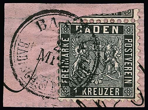 Los 41 - "Basel Bad. Bahnh.", seltener K2 klar auf rosa Briefstück mit 1 Kr. schwarz (ein kurzer Zahn)